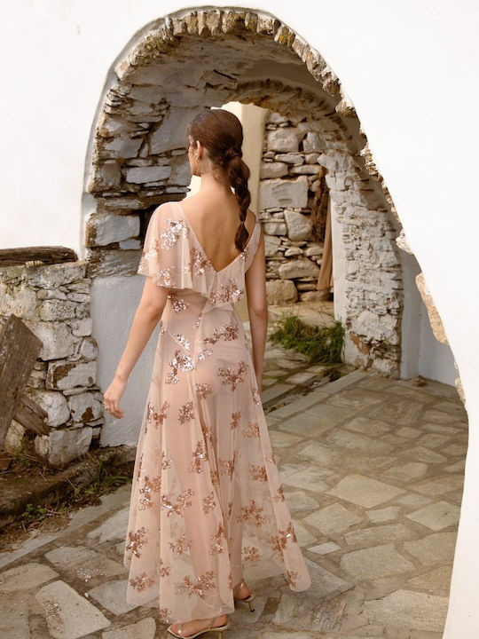 Rochie De Vară Maxi Pentru Nuntă Botez Cu Tul Bej Josiadress
