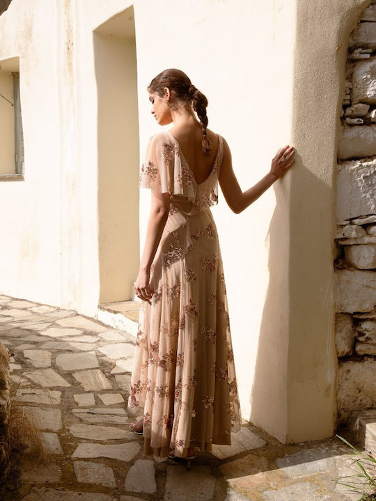 Rochie De Vară Maxi Pentru Nuntă Botez Cu Tul Bej Josiadress
