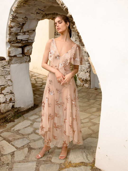 Rochie De Vară Maxi Pentru Nuntă Botez Cu Tul Bej Josiadress