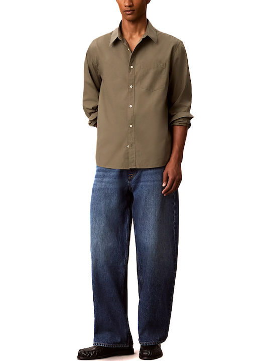 Poplin Long Sleeve Cotton Shirt in Regular Fit Khaki