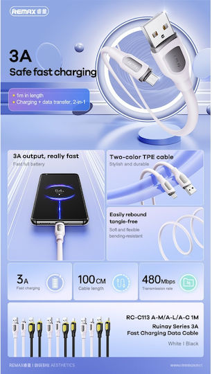 Remax Series USB 2.0 Cable USB-C male - USB-A Λευκό 1m RC-C113