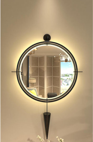 SteweHome Wall Mirror with Black Metallic Frame & LED Lighting Diameter 60cm