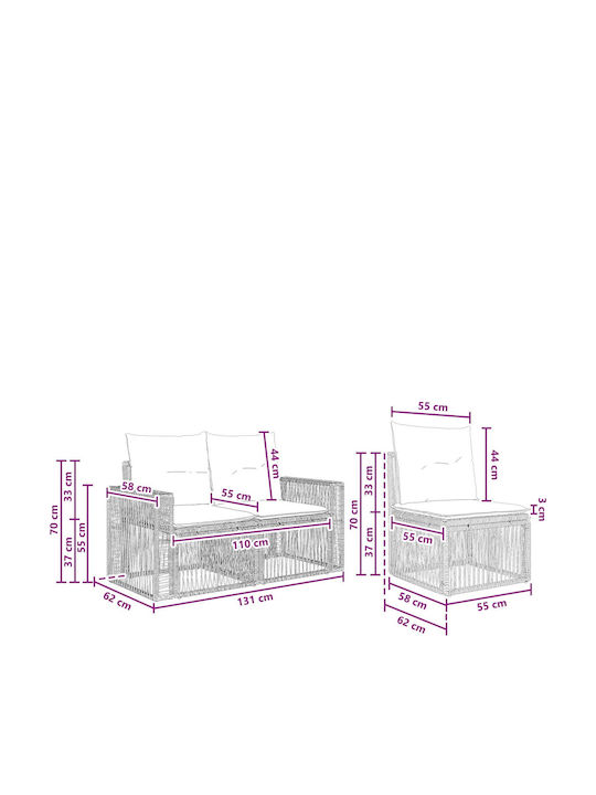 3-Seater Outdoor Rattan Sofa with Cushions 65.5x62x70cm
