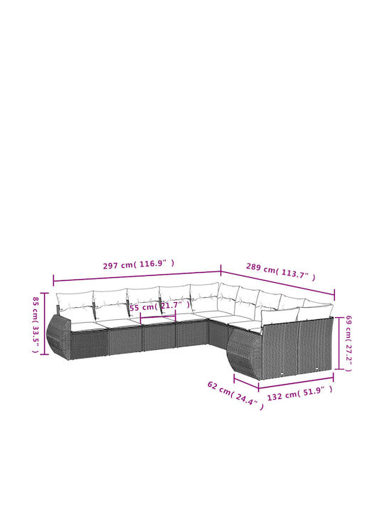 Outdoor Corner Rattan Sofa With Cushions 62x62x69cm