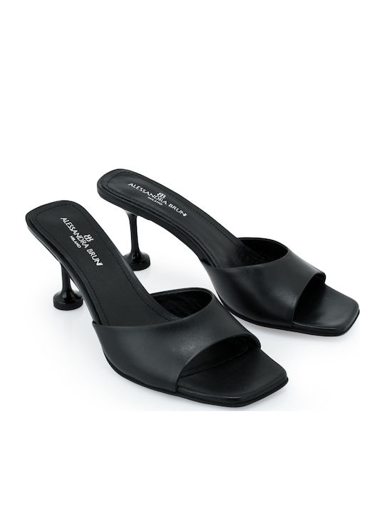 Leather Mules with Low Heel in Black Colour