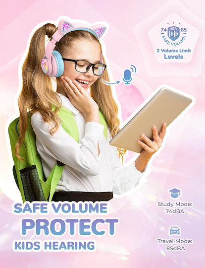 iClever BTH13 Căști Audio Wireless Bluetooth Over Ear de Copii cu 12 Ore Autonomie Roz