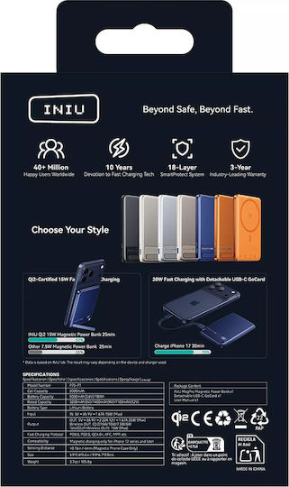 Iniu MagPro Slim MagSafe Power Bank 5000mAh 15W with USB-C Port Blue