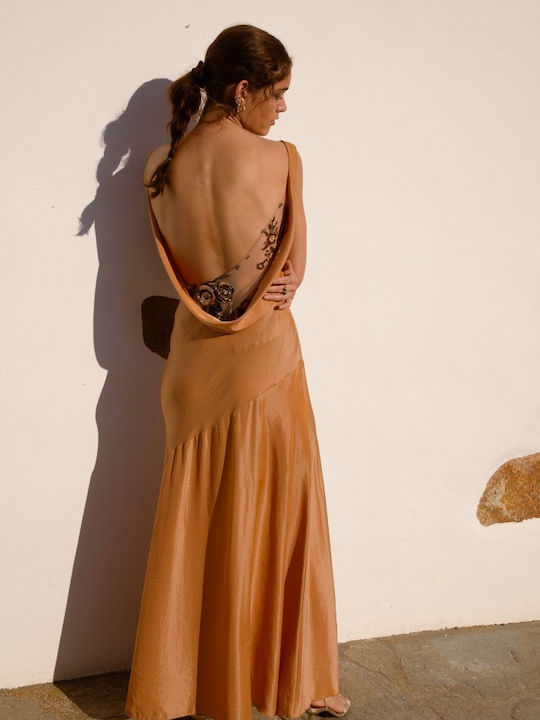 Maxi Abendkleid Satin Drapierung mit Spitze Orange