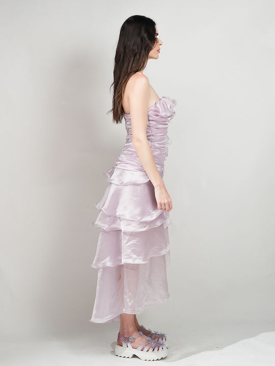 Summer Midi Dress for Wedding - Christening Strapless Satin Open Back Purple