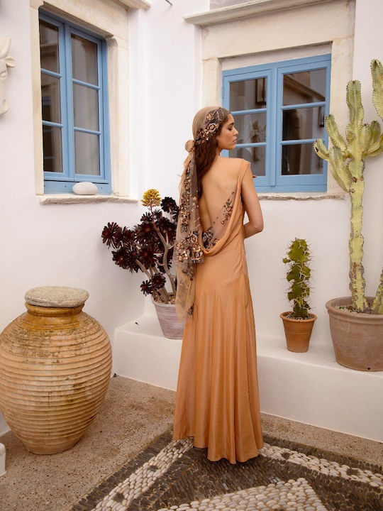 Maxi Abendkleid Satin Drapierung mit Spitze Orange