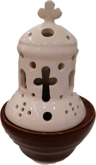 Ceramic Church Vigil Oil Lamp Panagia Two-Tone White Brown Height 20cm Diameter 12cm