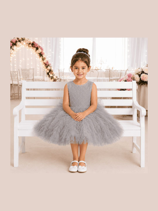 Girls Dress Sleeveless with Lace Floral Grey