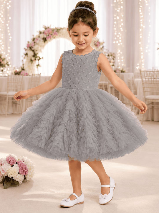 Girls Dress Sleeveless with Lace Floral Grey