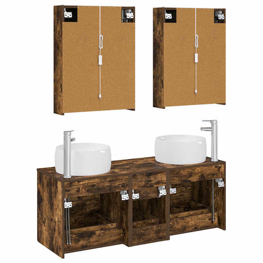 vidaXL Vanity Unit Without Sink With Mirror With Light Smoked Oak Wood