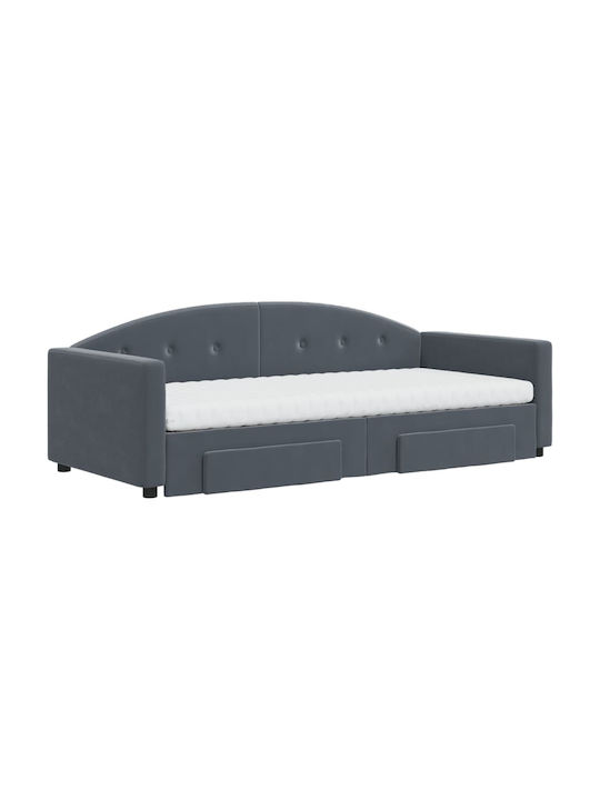 Canapea Pat Single Tapițat cu Catifea Gri Închis cu Plăci și Saltea 90x190cm