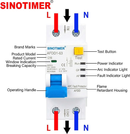 Întrerupător Automat De Circuit Protecție Arc Electric Afdd Sinotimer Afdd1-63 C16 16a 230v Ac
