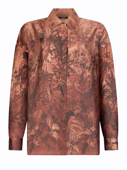 Long Sleeve Women's Satin Shirt Brown-Black