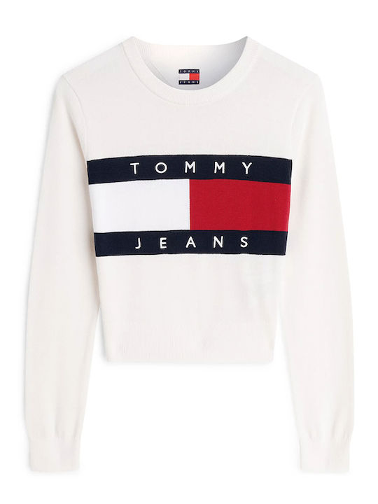 Flag Crew Neck Дамски Дълъг Ръкав Пуловер Памучен Ecru Червен Син