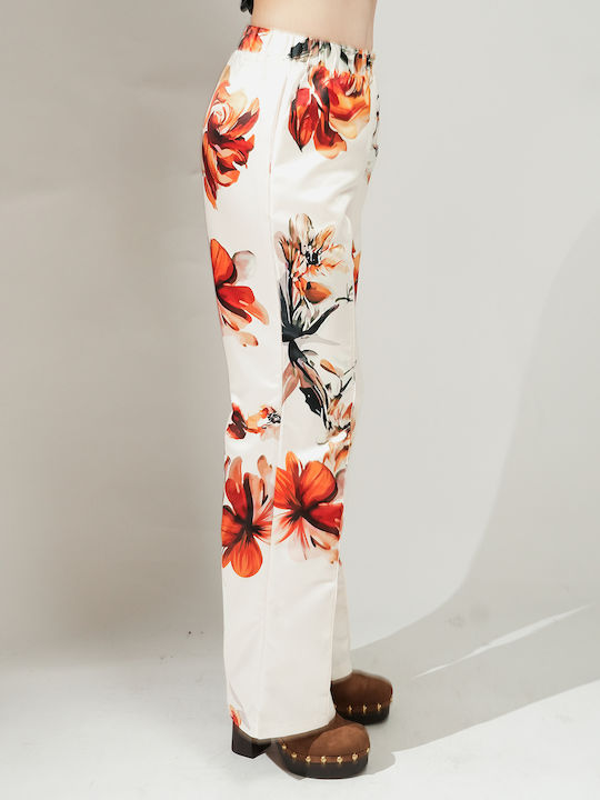 Women's High Rise Satin Flared Trousers with Rubber Band in Regular Fit Floral Multicolour