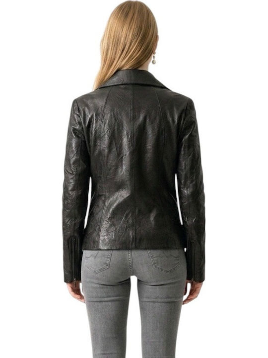 MARKOS LEATHER Γυναικείο Δερμάτινο Μεσάτο Σακάκι Καφε