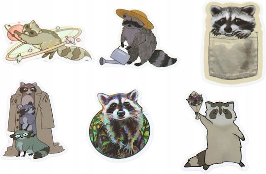Set Decorative Stickers Raccoon Various Designs 50 Pcs 7-8 Cm