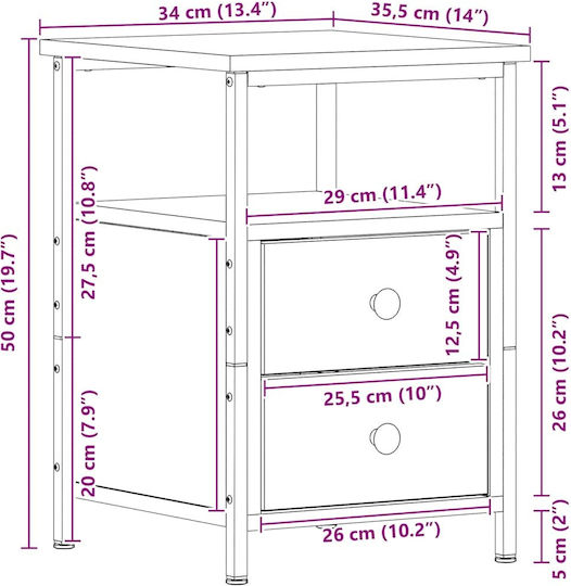 Нощно Шкафче Дървено с Метални Крака Черно 34x35.5x50см
