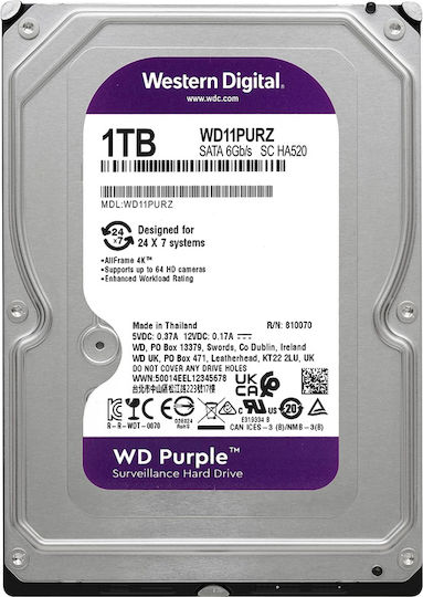 Western Digital 1TB HDD Hard Drive 3.5" SATA III 5400rpm with 256MB Cache for Recorder WD11PURG