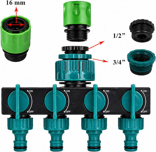 Distribuitor De Apă Cu 4 Ieșiri Zola Supape Individuale Pornit Oprit Conector 1” Adaptoare 3/4” 1/2” Pvc 18 X 12 X 8 Cm
