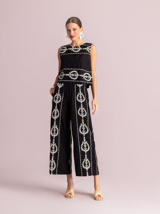Pantaloni Largi Dama cu Elastic în Croială Lejeră Negru