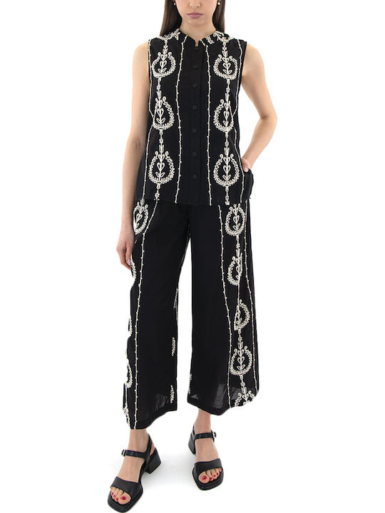 Pantaloni Largi Dama cu Elastic în Croială Lejeră Negru