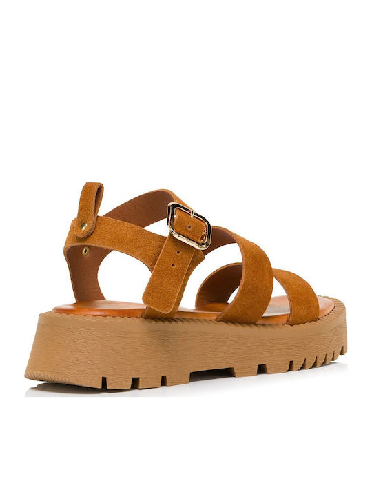 Leather Women's Flat Sandals Tabac Brown
