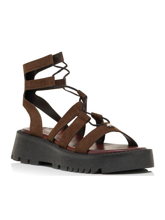 Leather Women's Flat Sandals Brown