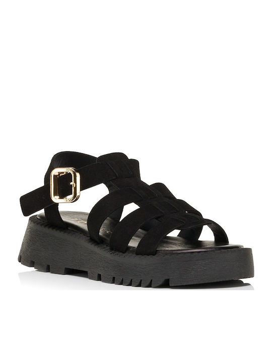 Leder Flache Damen Sandalen Schwarz