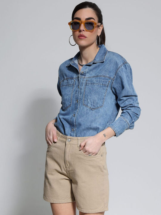 Long Sleeve Women's Denim Shirt Blue