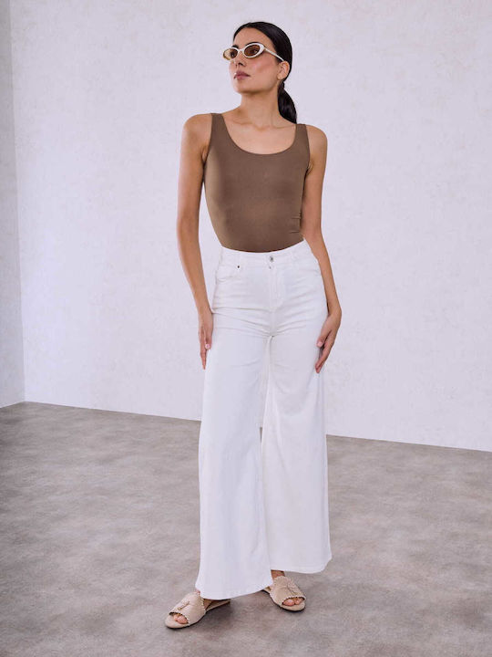Celestino Γυναικείο Τζιν Wide Leg Βαμβάκι Loose Fit Λευκό