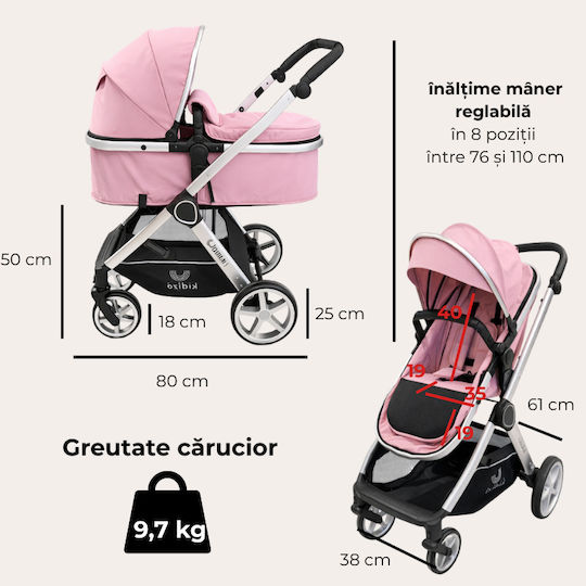 Kidizi Cărucior 2 în 1 Potrivit pentru Nou-Născut Roz