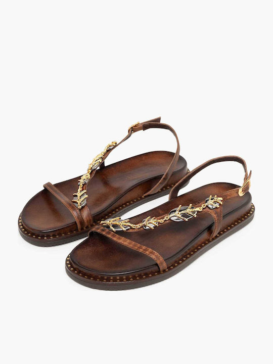 Leather Women's Flat Sandals Brown
