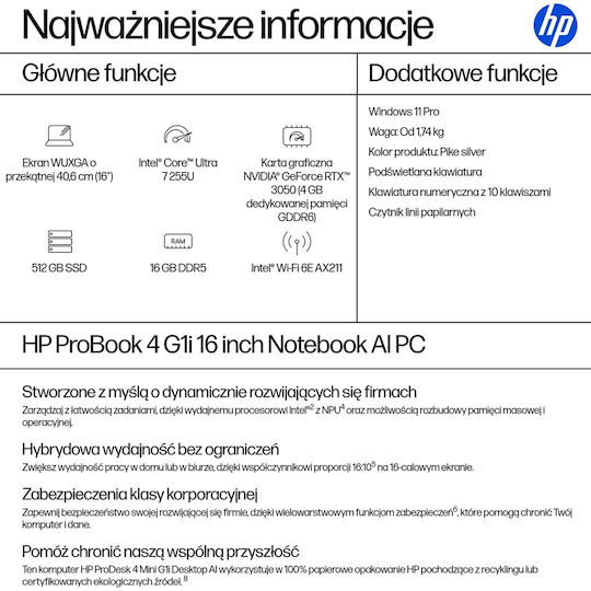 HP ProBook 4 G1i 16" IPS FHD+ (Ultra 7-255U/16GB/512GB SSD/W11 Pro) (US Keyboard)