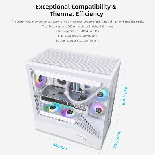 Lian Li Vector V100 Gaming Midi Tower Computer Case with Side Window and ARGB Lighting White