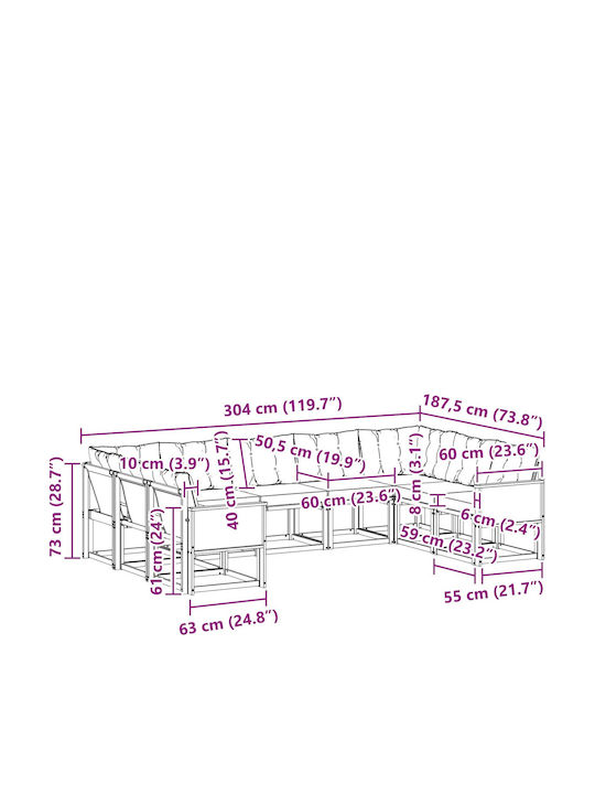 Canapea De Colț De Exterior Din Lemn Cu Perne 304x187.5x73cm