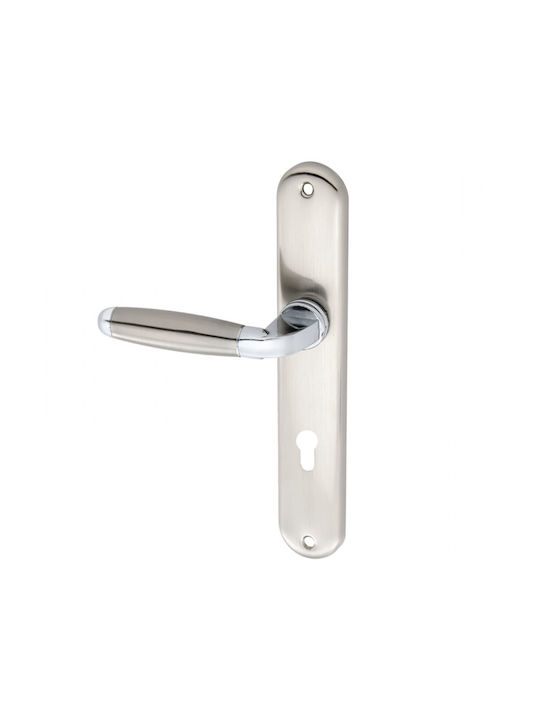 Import Hellas Middle Door Lever with Plate Pair (Distance Between Centers 75mm) Silver
