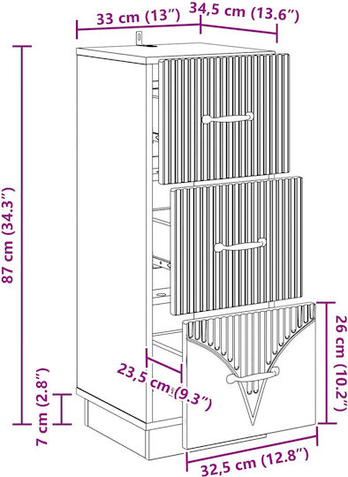 Comodă de Depozitare din Lemn cu 3 Sertare L33xl34,5xÎ87cm