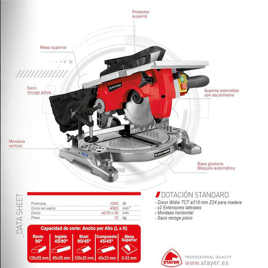 Stayer Miter Saw Electric Combination with Power 1200W Disc Diameter 210mm & Cutting Speed 4500rpm
