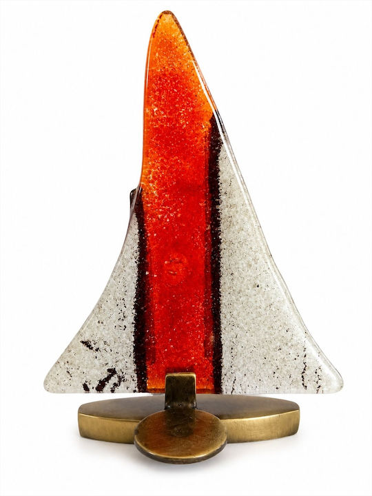 Decorative Sailboat Blown Glass Red White Bronze Base 17.5cm