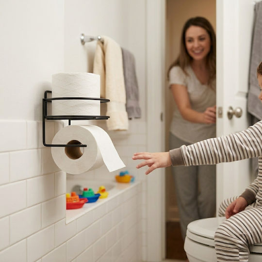 Femmit Self-Adhesive Metallic Round Toilet Paper Holder Wall Mounted Matte Black Bathroom Box