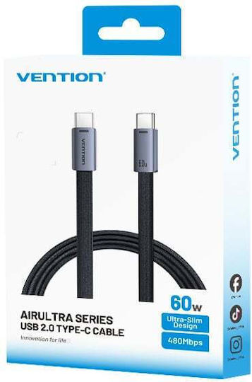Vention Flat Braided USB 2.0 Cable USB-C Male - USB-C 60W PD Black 1m TRZBF