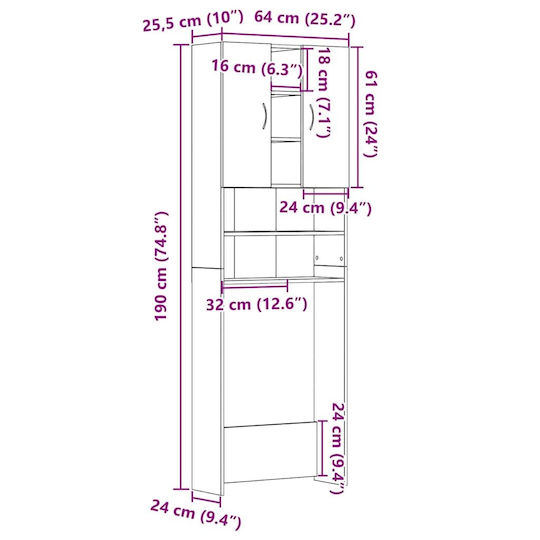 vidaXL Στήλη Μπάνιου Τοίχου για Πλυντήριο Μ64xΒ25.5xΥ190cm Δρυς