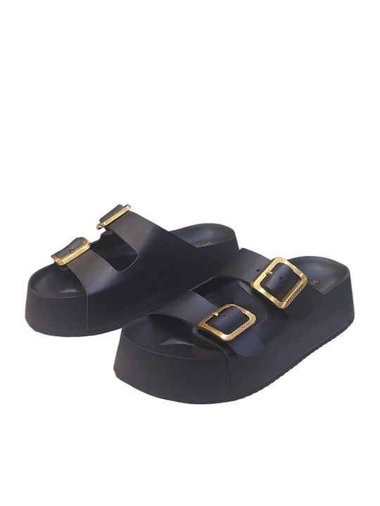 Leather Women's Flat Sandals Flatforms Black