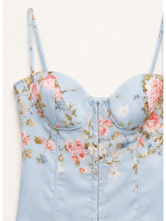 Damen Bluse Korsett Blumen Hellblau