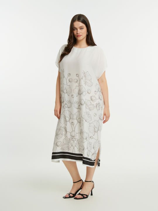Rochie De Vară Pentru Femei Midi Rochie-Cămașă Satin Floral 8501.7034-White